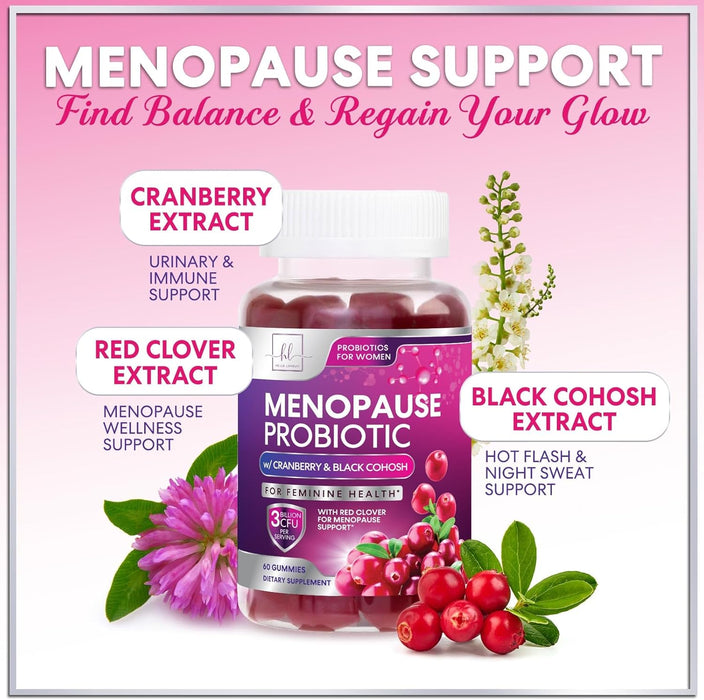 Menopause Supplements for Women Gummies with Black Cohosh, Cranberry 3 Billion CFU Probiotics - Complete Menopause Balance Relief for Hot Flashes, Night Sweats, PH, Vaginal Health Support - 60 Gummies