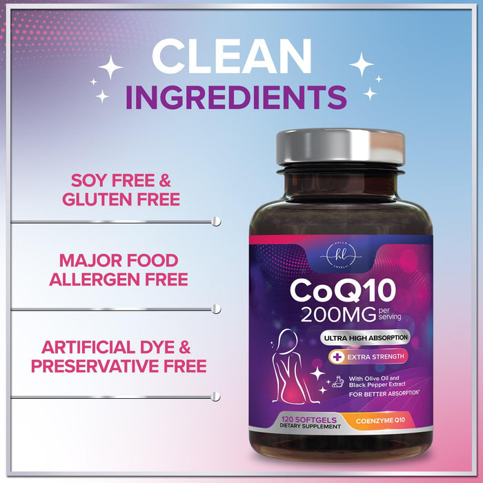 CoQ10 200mg Softgels - Ultra High Absorption, Antioxidant for Heart Health & Energy Production Support - Coenzyme Q10 (Ubiquinone) Co Q 10 Supplement and Vitamins 100mg Each - Non GMO - 120 Softgels