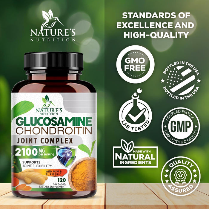 Glucosamine Chondroitin MSM 2100mg Complex - Joint Support Supplement for Joint Mobility & Comfort For Men and Women with Turmeric & Boswellia, Triple Strength Glucosamine Supplements - 120 Capsules