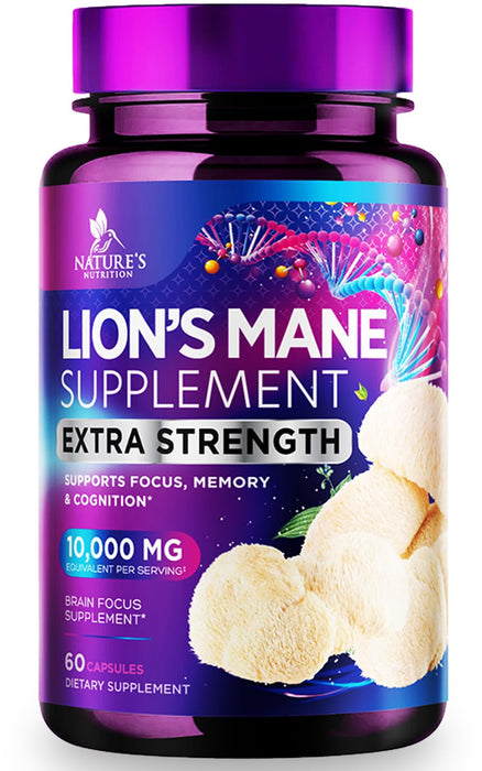 Lions Mane Mushroom Supplement - Brain Health Support for Focus, Memory, Cognition & Immune Support - Nature's Nootropic Lion's Mane Mushroom Extract Non-GMO, Vegetarian & Gluten Free - 60 Capsules