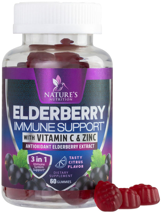 Immune Support Gummies - Sambucus Elderberry Gummy with Elder Berry Extract, Zinc & Vitamin C, Natural Vegan Immune Support Supplement for Adults & Children, Gummy Elderberry Vitamins - 60 Gummies