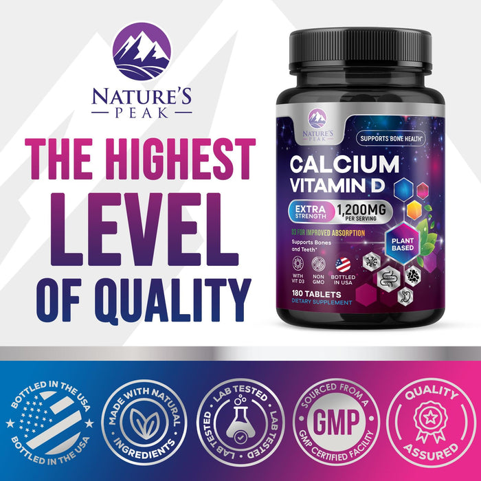 Calcium 1200 mg with Vitamin D3, Calcium Supplement Vitamins, Bone, Teeth & Immune Health Support, Calcium Supplements with D for Women & Men, Nature's Absorbable Calcium Carbonate - 180 Tablets