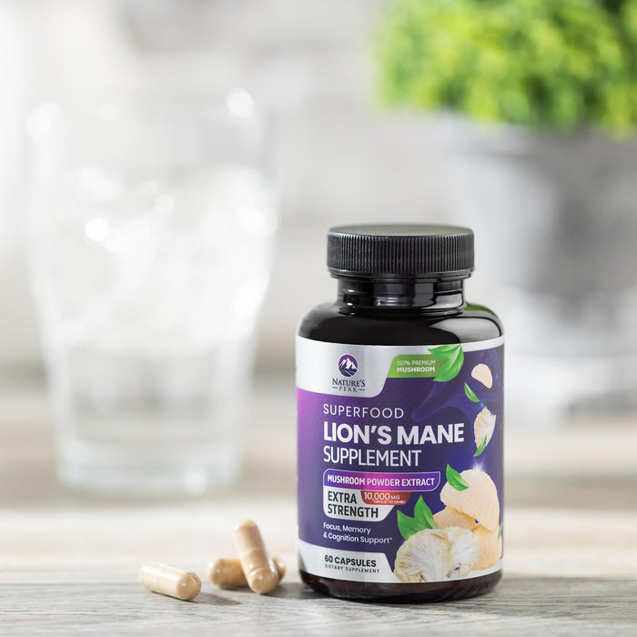 Lions Mane Mushroom Capsules 10,000mg - Lion’s Mane Supplement Capsules for Memory and Focus Support, Brain, Immune Health Support, Vegan, Bottled in USA, Lions Mane Mushroom Powder Extract, 60 Count