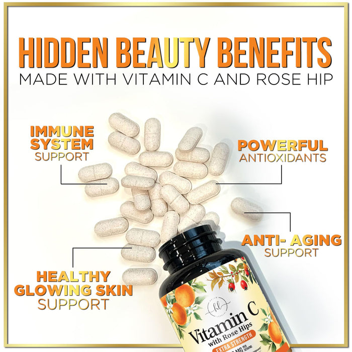Vitamin C Supplement 1000mg - Extra Strength with Rose Hips Bioflavonoids - Sugar Free Vitamin C Chewable Pills, Nature's Vit C for Immune Support & Antioxidant Protection - 60 Chewable Tablets