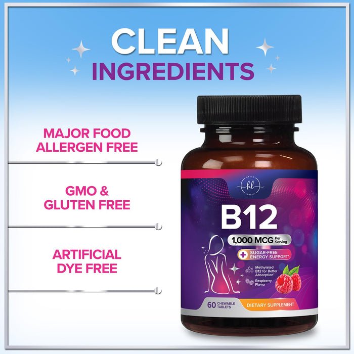 B 12 Vitamin Chewables 1000 mcg - B12 Complex with Heart & Nerve Energy Health Support - Vitamin B-12 Complex for Adults with Immune Health Support - Gluten & Sugar Free - 60 Chewables