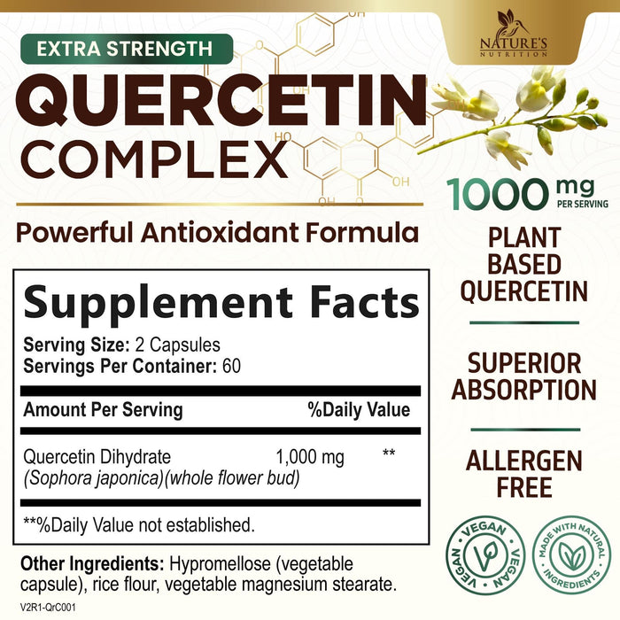 Quercetin 1000mg Per Serving – Extra Strength Quercetin Dihydrate Capsules from Sophora Japonica – Plant-Based Bioflavonoids for Cellular & Immune Support – Non-GMO, Vegan - 120 Veggie Capsules