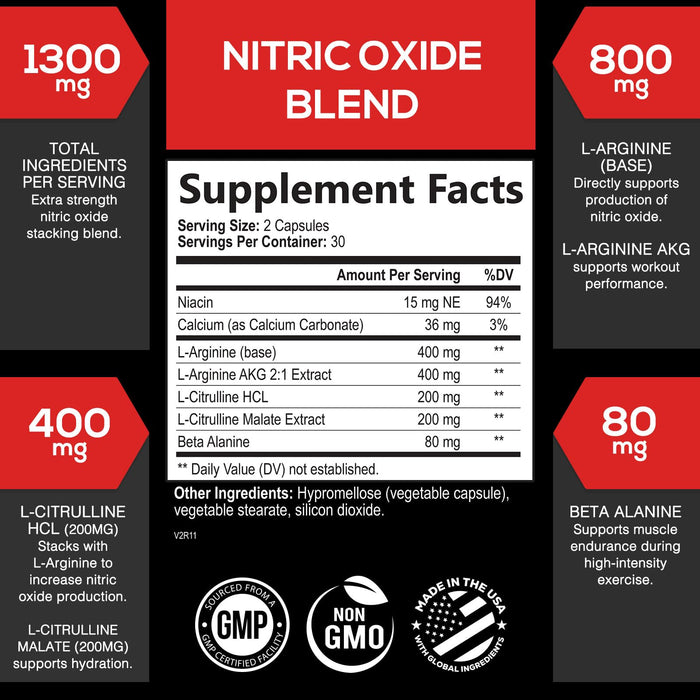 Extra Strength Nitric Oxide Supplement 3X Strength L Arginine, Citrulline Malate, AAKG, Beta Alanine - Premium Muscle Supporting Nitric Booster - Natural Energy & Heart Health Support - 60 Capsules