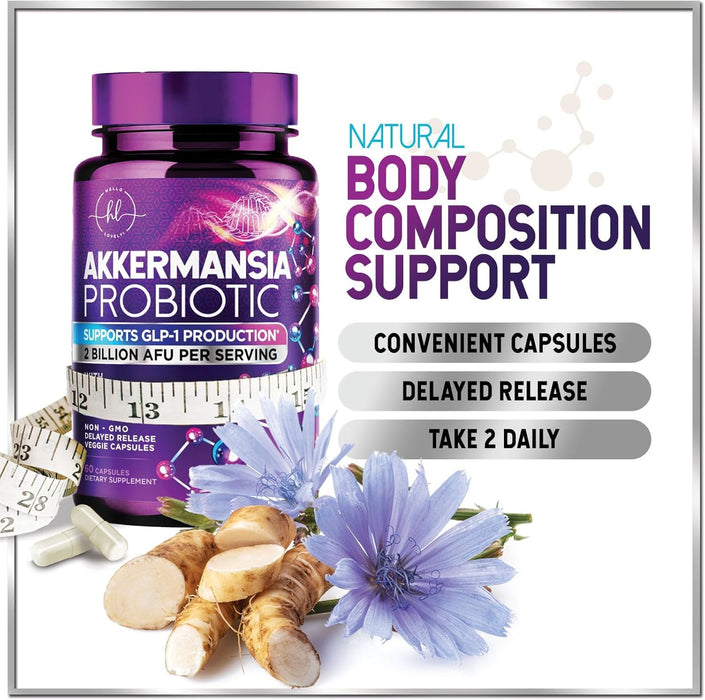 Akkermansia Probiotic with Prebiotic Fiber - Supports GLP-1 Production - 2 Billion AFU Strain for Digestive & Gut Health Support - Delayed Release, Third-Party Tested for Women & Men - 60 Capsules