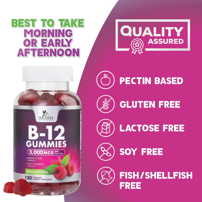 B12 Gummies for Adults, Extra Strength Energy 3000 mcg - B-12 Energy Metabolism & Immune System Support - Chewable Dietary Supplement for Adults & Kids Caffeine Free Gummy Vitamin - 120 Gummies