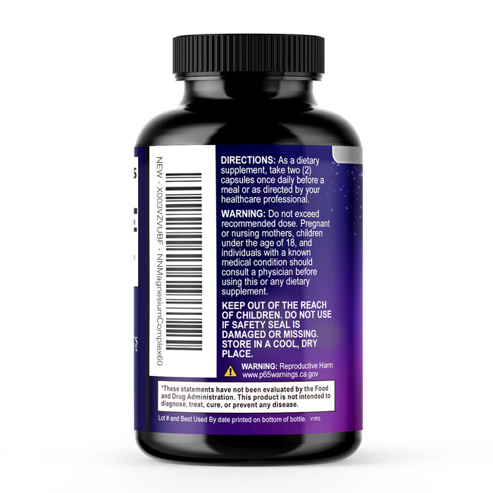 Magnesium Complex Supplement 500 mg - 4 in 1 High Absorption Chelated Magnesium Glycinate, Malate, Citrate, Oxide, Aquamin - Non-GMO Magnesio Capsules, Bone Muscle & Heart Health Support, 60 Capsules