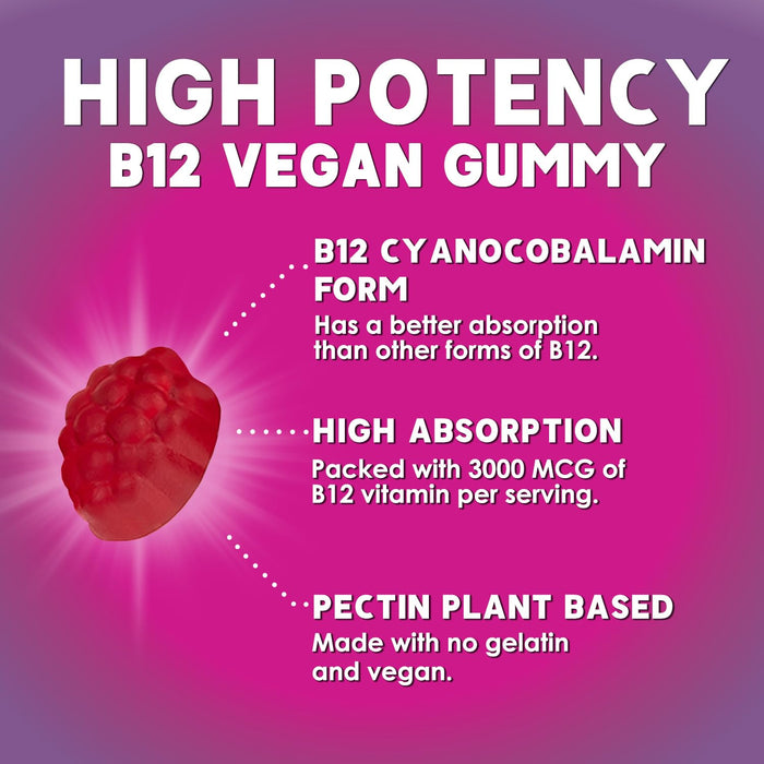 B12 Gummies for Adults, Extra Strength Energy 3000 mcg - B-12 Energy Metabolism & Immune System Support - Chewable Dietary Supplement for Adults & Kids Caffeine Free Gummy Vitamin - 120 Gummies