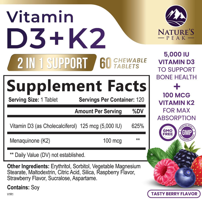 Vitamin D3 K2 - 5000 iu Vitamin D3 & 100 mcg Vitamin K2 (MK-7) Complex for Immune Support - Bone, Teeth & Muscle Health Support - Berry Chewable, Gluten Free, Non-GMO, Made in USA - 120 Tablets