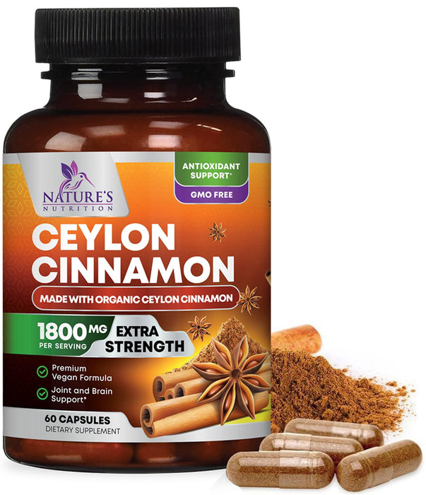 Organic Ceylon Cinnamon Supplement 1800mg - Certified Organic Ceylon Cinnamon Powder Pills - Energy & Heart Support for Women & Men, Bottled in USA, Antioxidant, Gluten Free, Non-GMO - 60 Capsules