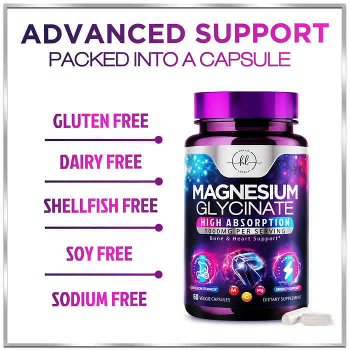 Magnesium Glycinate 1000mg | High Absorption | Chelated to Support Bone, Muscle, Nerves & Heart Health | Natural Sleep & Stress Support Women & Men | Vegan, Gluten & Soy Free, Non-GMO | 60 Capsules