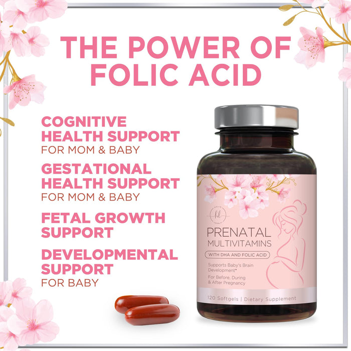 Prenatal Vitamins For Women With Folic Acid, DHA & Iron - Women's Prenatal Multivitamin, Essential Pre Natal Vitamins with Folate, Omega 3, D3, B12, Pregnancy Supplement for Mom & Baby - 120 Softgels