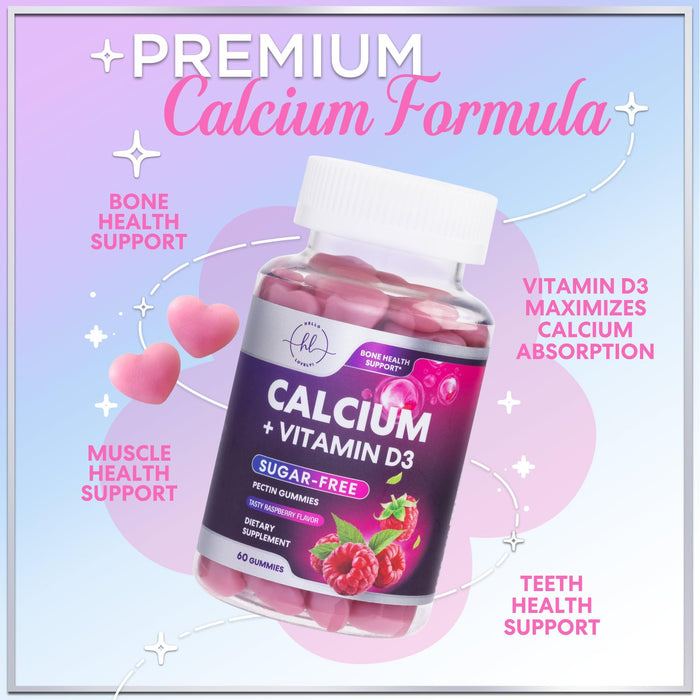 Calcium Supplements for Women - Sugar Free Calcium Gummies with Vitamin D3 for Bone Strength, Teeth & Immune Health Support, Natural Chews for Women & Men - Raspberry Flavored & Non-GMO - 60 Gummies