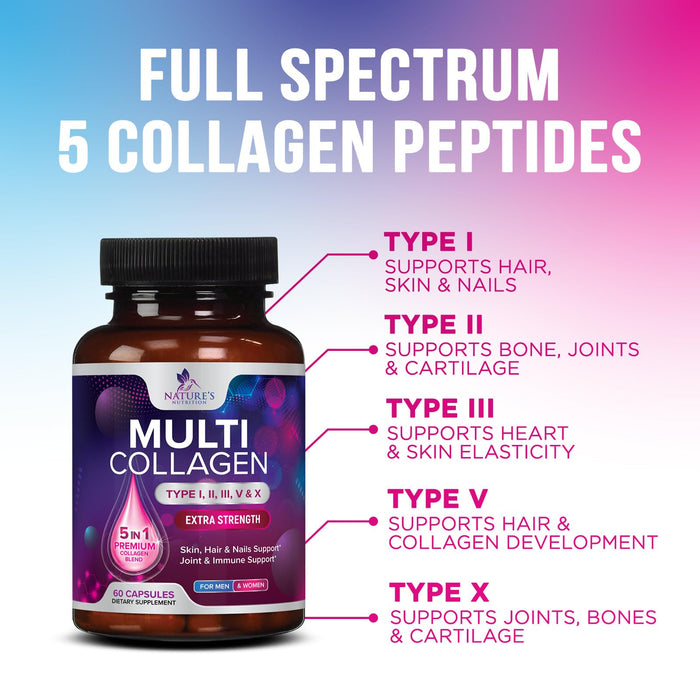 Multi Collagen Peptides Supplement - Hydrolyzed Types I, II, III, V & X Multi Collagen Pills, Hydrolyzed Collagen Peptides Supplements, Hair, Skin, Nail, and Joint Support Supplement, 60 Capsules