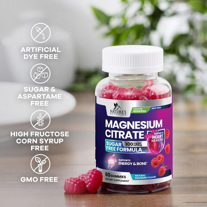 Magnesium Citrate Gummies Sugar Free Supplement - High Absorption Magnesium Citrate Supplement Gummy for Adults & Kids, Nature's Magnesio Supplements for Bone, Muscle Health, Heart Support, 60 Gummies