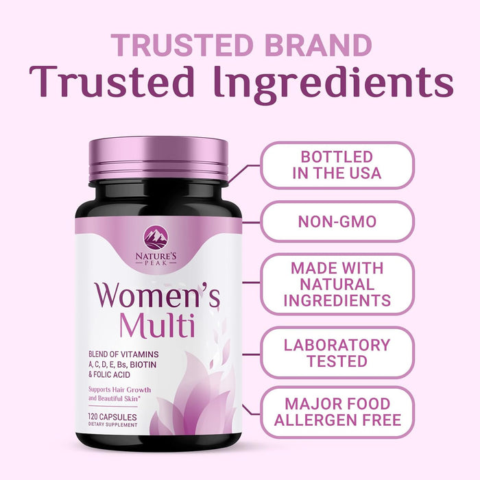Multivitamin for Women - Complete Daily Womens Multivitamins with Calcium, Folate, Vitamin A, C, D, E & B Vitamins, Zinc and Iron - Multi Vitamins for Bone, Energy & Immune Support - 120 Capsules