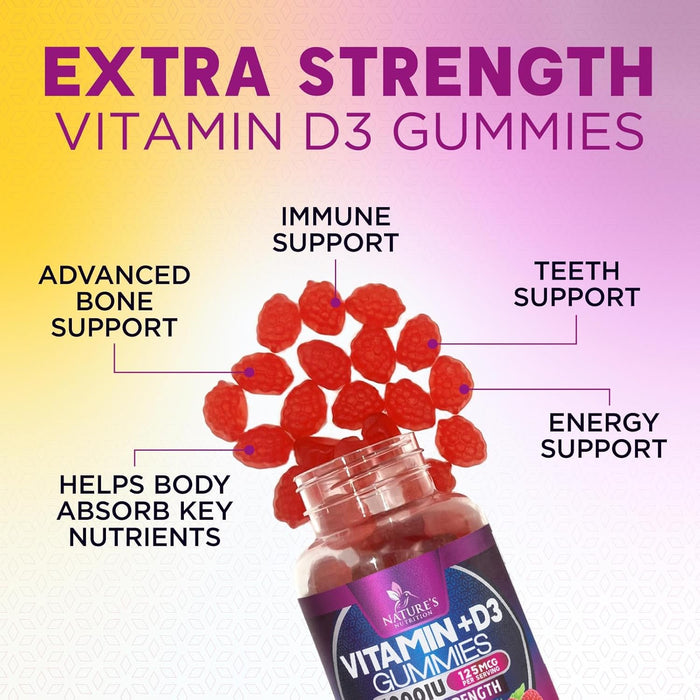 Vitamin D3 Supplement Gummy 5000 IU (125 mcg) Dietary Vitamins D for Men & Women - Bone, Teeth, Muscle and Immune Health Support, High Potency VIT D3 Nature's Non-GMO & Gluten Free - 120 Gummies