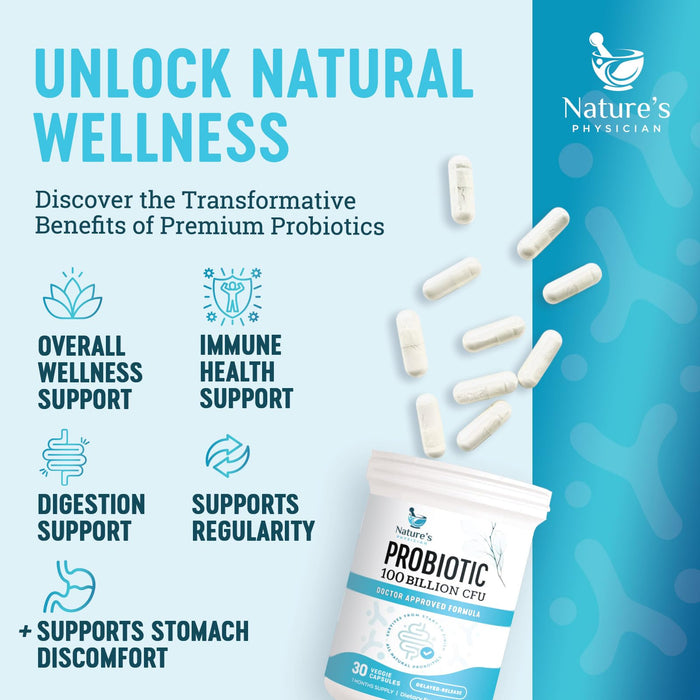 Nature's Physician Probiotics - 100 Billion CFU - 16 Strains + Prebiotics - Best Probiotic Supplement for Women & Men - Supports Immune, Digestive Health, Occasional Constipation & Gas - 30 Capsules