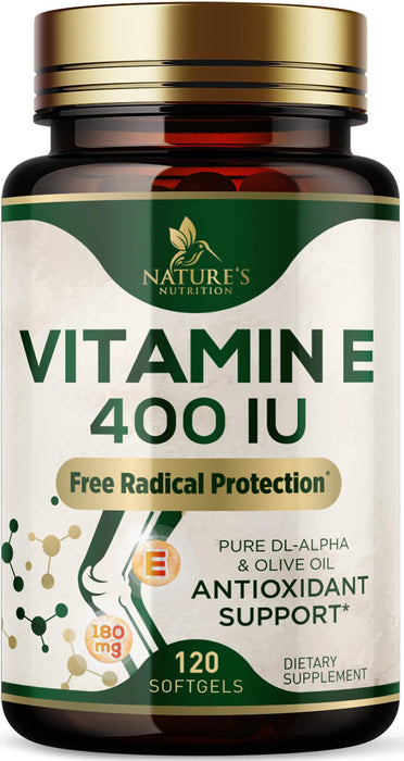Vitamin E 400 IU Softgels (180mg DL-Alpha) for Women & Men, Supplement for Max Absorption, Nature's Antioxidant for Skin, Heart, Eye, and Immune Health Support, Dairy, Gluten & Soy Free, 120 Softgels