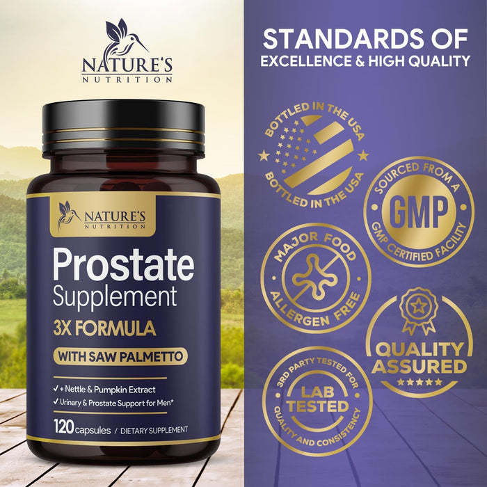 Prostate Health Supplements for Men - Support Complex 3X Formula with Saw Palmetto Blend Stinging Nettle Root & Pumpkin Seed Extract - Supports Bathroom Trips Prostate & Urinary Health - 120 Capsules