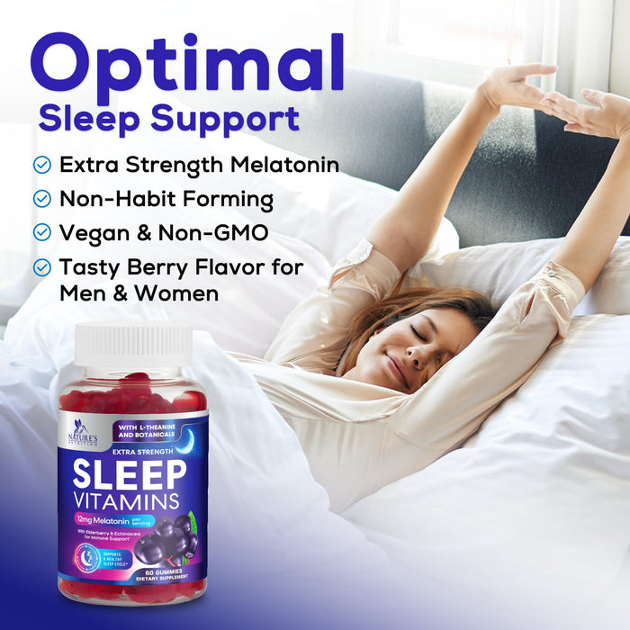 Sleep Gummies with Melatonin 12 mg - Extra Strength Sleep Vitamin Gummy, Natural Melatonin Gummy, Occasional Sleep Support Supplement for Adults, Vegan, Non-GMO, Gomitas para Dormir - 60 Gummies