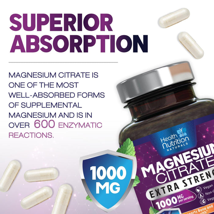 Magnesium Citrate Capsules 1000mg - Max Absorption Magnesium Powder for Muscle, Nerve, Bone and Heart Health Support, High Absorption Citrate Complex, Gluten Free, Non-GMO - 240 Capsules