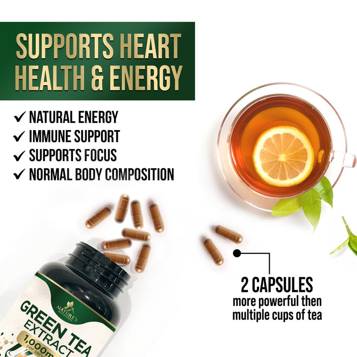 Green Tea Extract Capsules 1000 mg - Standardized 45% EGCG & 98% Polyphenols - 3X Strength Green Tea Pills for Natural Energy - Supports Heart Health, Herbal Supplement, Vegan, Non-GMO - 120 Capsules