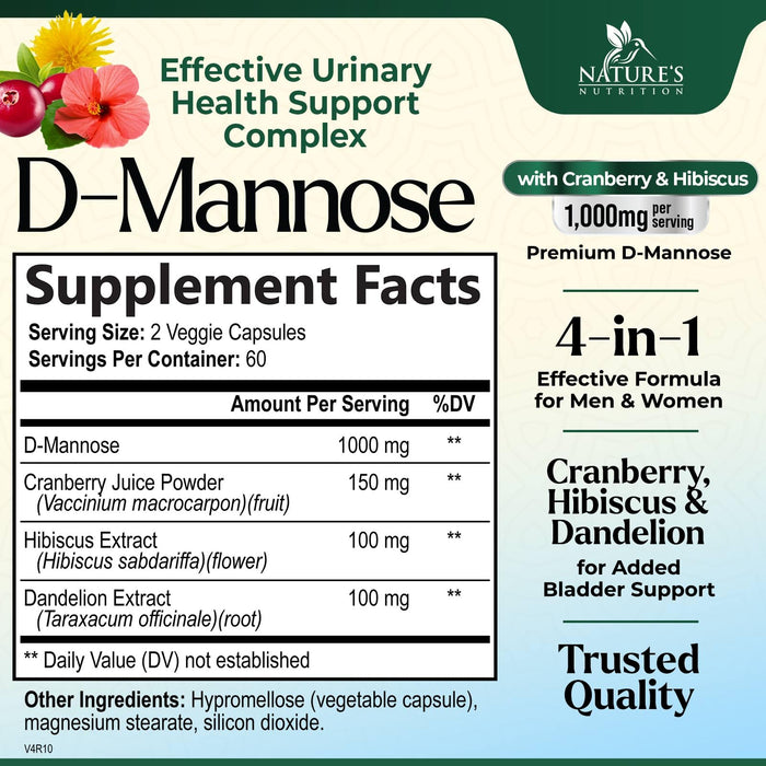 D-Mannose Supplement 1,350 mg with Cranberry & Hibiscus - Effective Fast-Acting, Flush the Impurities for Natural Bladder, Urinary Tract Health Support, for Women and Men, Non-GMO, Vegan, 120 Capsules