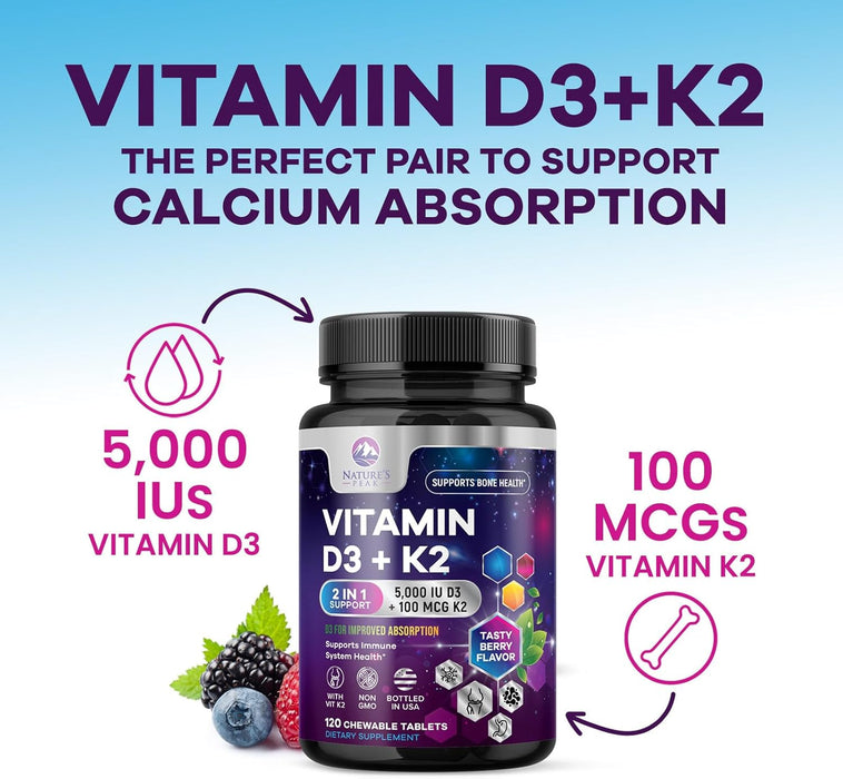 Vitamin D3 K2 - 5000 iu Vitamin D3 & 100 mcg Vitamin K2 (MK-7) Complex for Immune Support - Bone, Teeth & Muscle Health Support - Berry Chewable, Gluten Free, Non-GMO, Made in USA - 120 Tablets