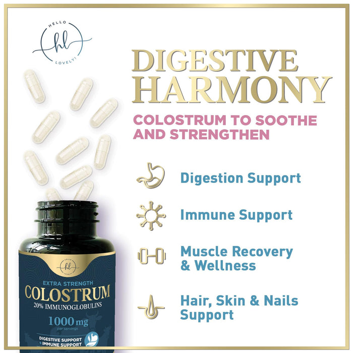 Colostrum 1000mg 20% IgG Immunoglobulins - Gut Health, Digestion & Immune Support, Bovine Colostrum Powder for Women, Muscle, Skin & Hair Growth Support, Bottled in The USA, Gluten Free - 60 Capsules