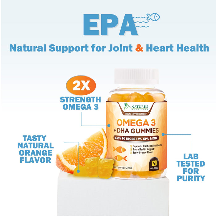 Omega 3 Fish Oil Gummies, Heart Healthy Omega 3 Gummy Supplement with High Absorption DHA & EPA, Extra Strength Joint & Brain Support, Delicious Orange Flavor Fish Oil Nature's Vitamin - 120 Gummies