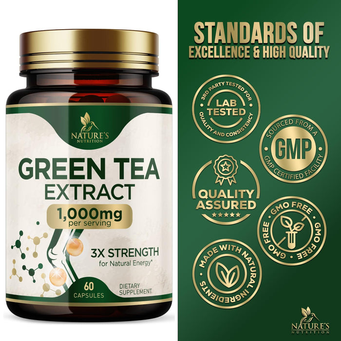 Green Tea Extract Capsules 1000 mg - Standardized 45% EGCG & 98% Polyphenols - 3X Strength Green Tea Pills for Natural Energy - Supports Heart Health, Herbal Supplement, Vegan, Non-GMO - 60 Capsules