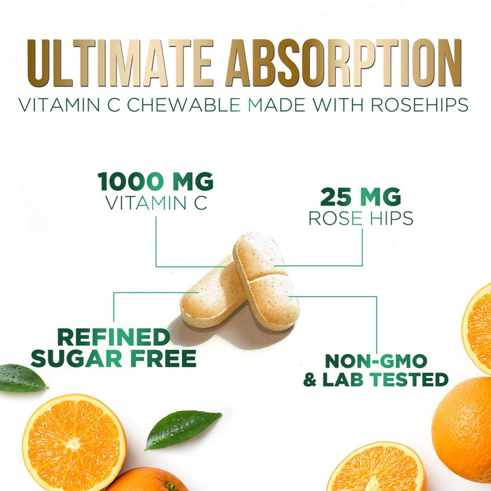 Vitamin C Chewable 1000mg - Extra Strength Antioxidants for Powerful Immune Support w/Vitamin C & Rose HIPS - Potent Dietary VIT C Chews Supplement, Natural, Vegan, Gluten-Free, Non-GMO - 120 Tablets