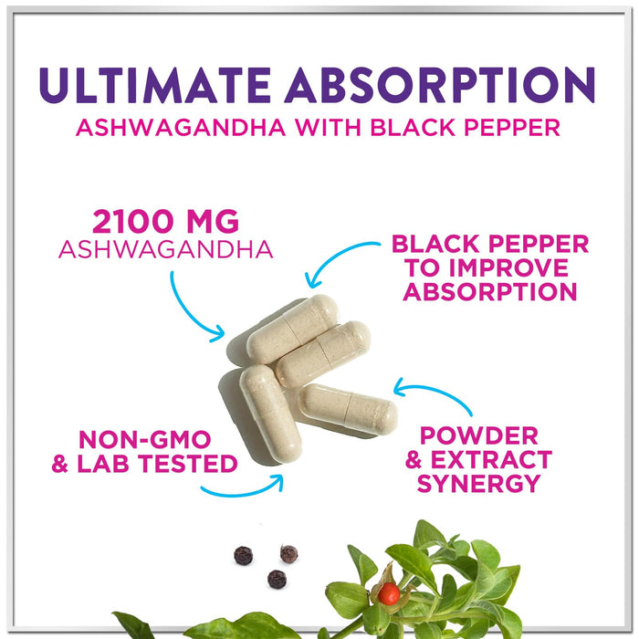 Ashwagandha 2,100 mg - Ashwagandha Supplements for Women in Veggie Capsules with Powder & Root Extract, Black Pepper for High Absorption, Plant Based, Non-GMO, Bottled in the USA - 120 Veggie Capsules