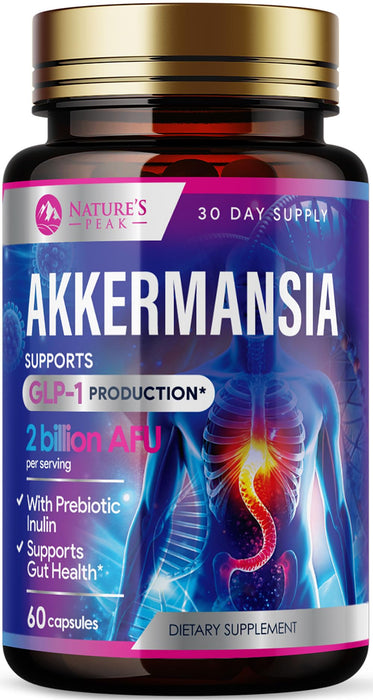 Akkermansia Probiotic Supplement - 2 Billion AFU GLP-1 Supplement with Prebiotic Fiber - Akkermansia Muciniphila GLP-1 Probiotics for Women & Men - Digestive, Gut & Immune Support - 60 Capsules