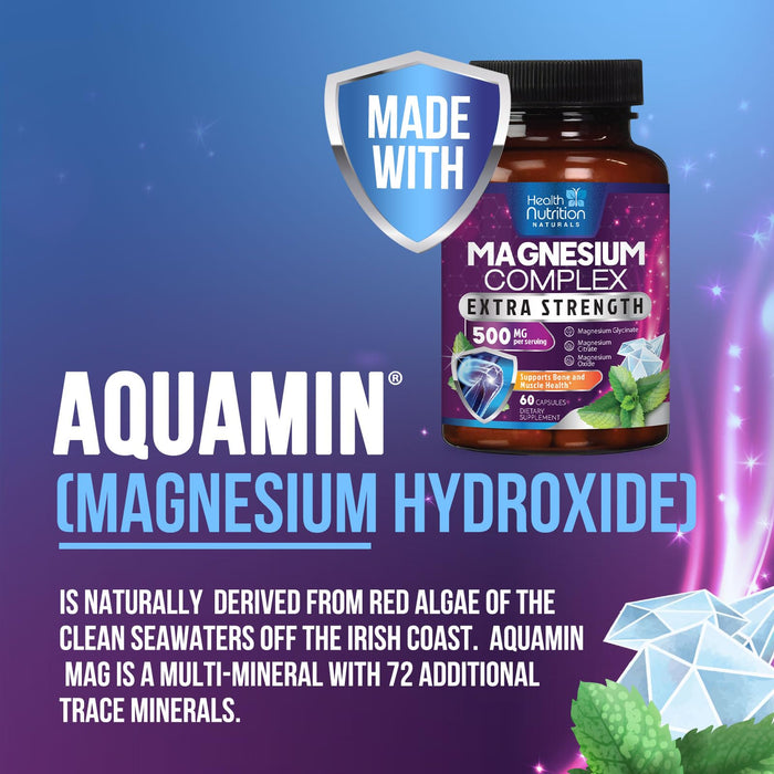 Magnesium Complex Capsules 500 mg with Oxide, Glycinate, Malate, Citrate - High Absorption Complex Chelated Magnesium Mineral Supplements - for Muscle, Bone and Heart Health Support - 60 Capsules