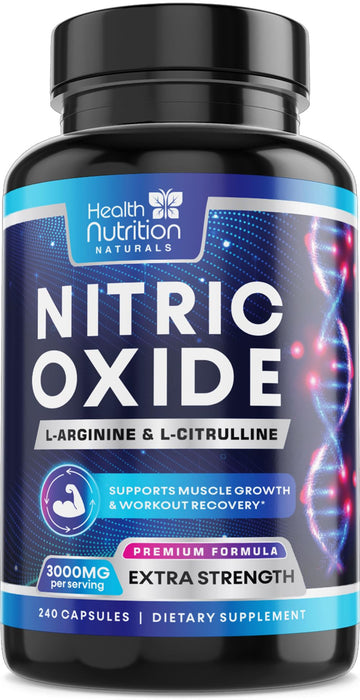 Extra Strength Nitric Oxide Supplement 3X Strength L Arginine, Citrulline Malate, AAKG, Beta Alanine - Premium Muscle Supporting Nitric Booster - Natural Energy & Heart Health Support - 240 Capsules