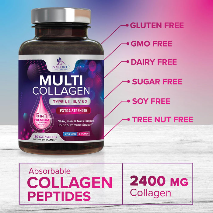 Multi Collagen Peptides Supplement - Hydrolyzed Types I, II, III, V & X Multi Collagen Pills, Hydrolyzed Collagen Peptides Supplements, Hair, Skin, Nail, and Joint Support Supplement, 180 Capsules