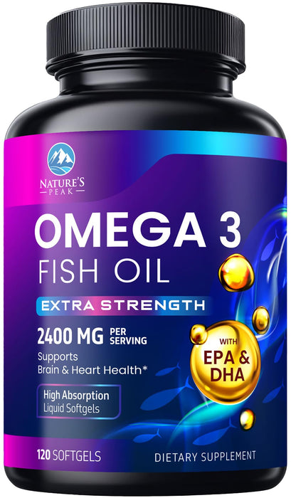 Omega 3 Fish Oil 2400 mg Supplement, Sustainably Sourced, Triple Strength Omega-3 Supplement Softgels, Brain Health Support, EPA & DHA Fish Oil Fatty Acids Supplements, Gluten & GMO Free, 120 Softgels