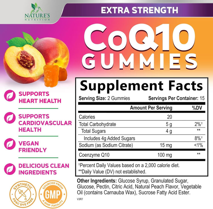 Nature's Nutrition CoQ10 Gummies 100mg – High Absorption Coenzyme Q10 Supplement for Heart Health, Energy & Antioxidant Support – Peach Flavor Gummy, Vegan, Non-GMO, Gluten Free – 30 Count