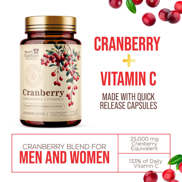 Cranberry Supplement Pills 25,000mg - High Potency Vitamin C Cranberry for Women & Men, Urinary Tract Health Support, Sugar Free, Gluten Free, Non-GMO, Cranberry Concentrate Extract - 60 Capsules