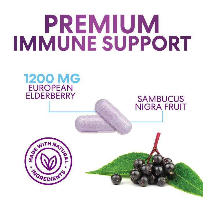 Elderberry Immune Support 1200mg Extract Capsules - Daily Immune Support for Adults with Concentrated Sambucus Black Elderberry Antioxidant - Gluten Free Vitamin, Non-GMO Supplement - 60 Capsules