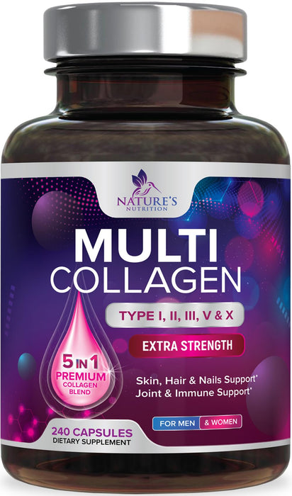 Multi Collagen Peptides Supplement - Hydrolyzed Types I, II, III, V & X Multi Collagen Pills, Hydrolyzed Collagen Peptides Supplements, Hair, Skin, Nail, and Joint Support Supplement, 240 Capsules