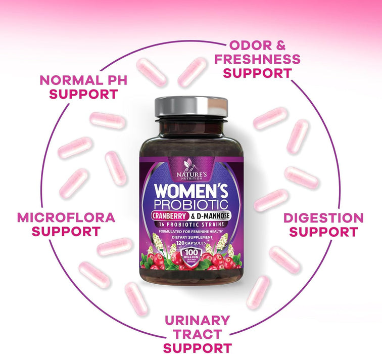 Probiotics for Women 60 Billion CFU - 16 Strains, Prebiotics & Cranberry, PH Balance, Digestive Health, Vaginal & Immune Support, Womens Probiotic for Gut Health, Shelf Stable - 120 Capsules