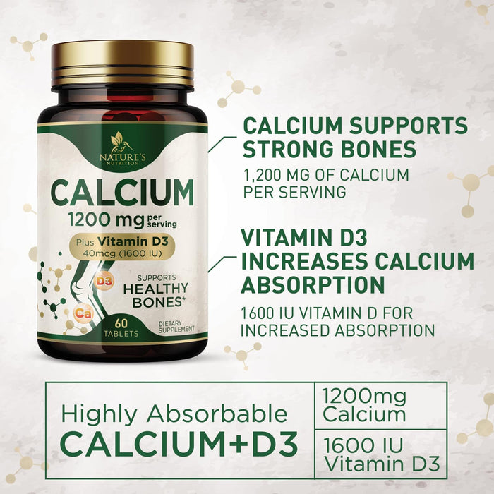 Calcium 1200 mg with Vitamin D3, Calcium Supplement Vitamins, Supports Bone Strength, Teeth & Immune System, Calcium Supplements for Women & Men, Nature's Absorbable Calcium Carbonate - 60 Tablets