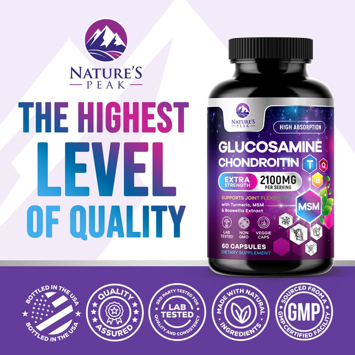 Glucosamine Chondroitin MSM Joint Supplement 2100mg - with Glucosamine Sulfate, Turmeric, Boswellia, Quercetin & Bromelain – Nature's Extra Strength Flexibility, Mobility & Joint Support, 60 Capsules