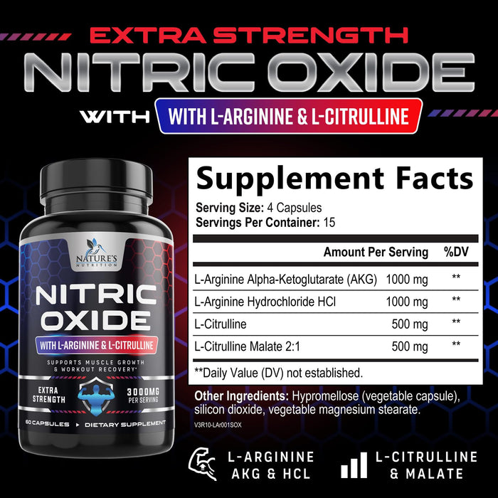 Nitric Oxide Booster Extra Strength 3000mg - L Arginine 3X Strength Nitric Oxide Supplements for Men and Women, Citrulline, Supports Muscle, Heart Health & Energy Supplement, Non-GMO - 60 Capsules